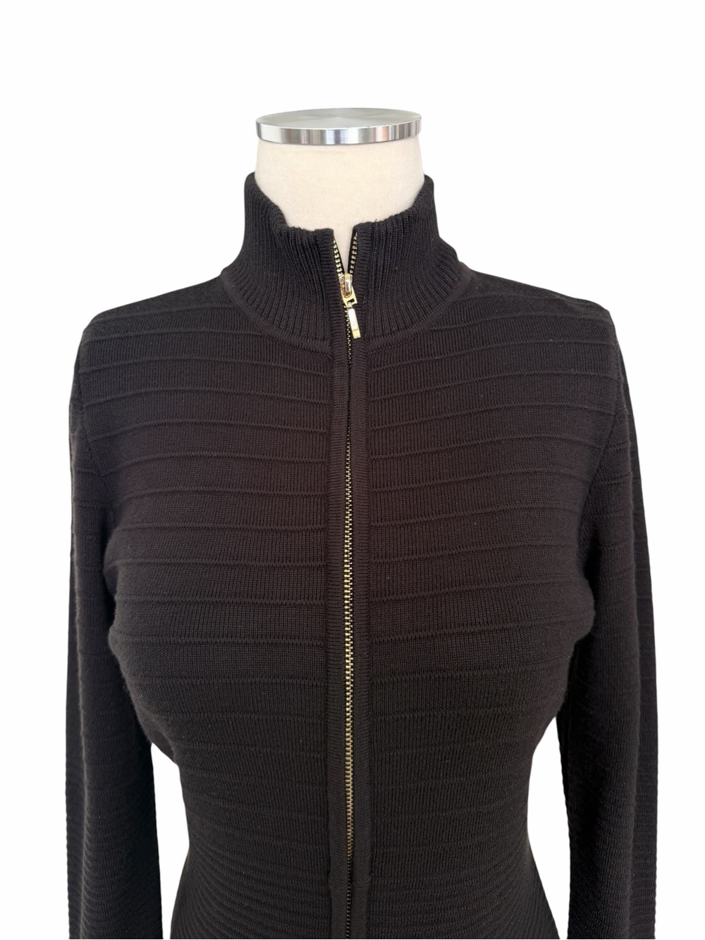 Calvin Klein Black Zip-Front Ribbed Long Sleeve Knit Sweater Midi Dress Sz M - Picture 4 of 11